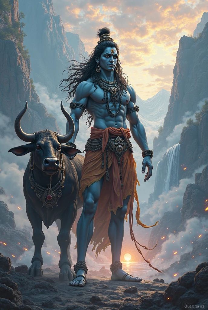 Medium mascular Lord shiva full screen 4k . Take inspiration from Hindi god shiva. Smiling face with his trishul and nandi sitting beside his legs . And a young Rajput middle mascular adult male devotee praying him from side in standing position