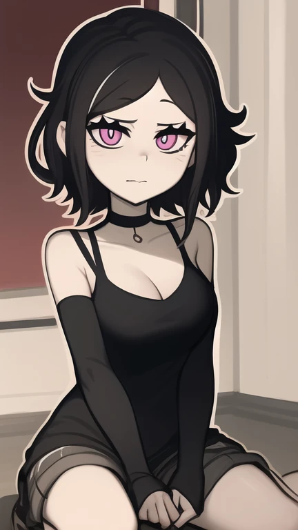 ,beautiful young fitness woman with ,dressing May in black pantyhose, sample breasts,squeezing her breasts with her hands. hands on breasts,hands covering breasts,standing alone,hair horns,glowing purple eyes,Evil smile,legging preto juri han,labiaa