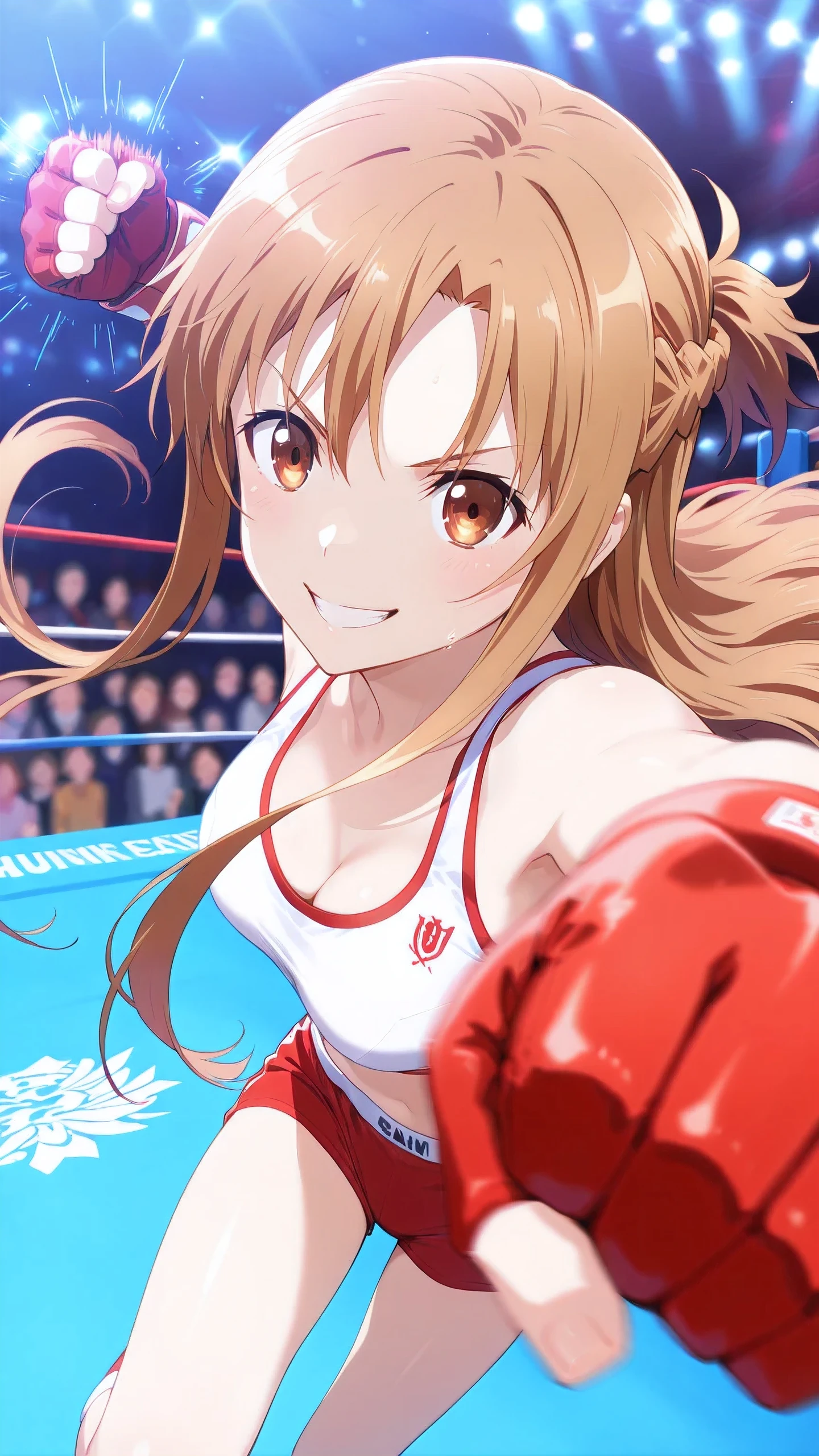 asuna_\(sao\), long_hair, brown_hair, brown_eyes,, solo, Detailed eyes, white sports bra, red boy leg underwear, fingerless gloves, thigh, cleavage, slim long legs, medium breast, serious grin, looking at viewer, Detailed eyes, Detailed face,  portrait, face focus, from side, from above,

looking at viewer, punching, clenched hand, motion lines, motion blur,

indoor boxing ring, spectator seats, spot lights, (depth of field, dutch angle).