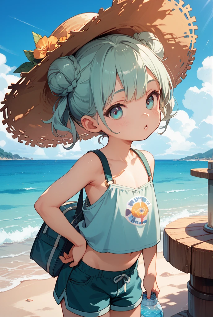((Extremely detailed)),, (8K), Best Quality, (Beautiful),((masutepiece)), ((Best Quality)), Beautiful girls,Super small breasts,Realistic portraits,extremly tiny bikini、a straw fedora hat, (Ultra-detailed), ((kawaii)), ,plein air、blured background:1.5、((South Island、palm tree roux open sky、cumulonimbus clouds))