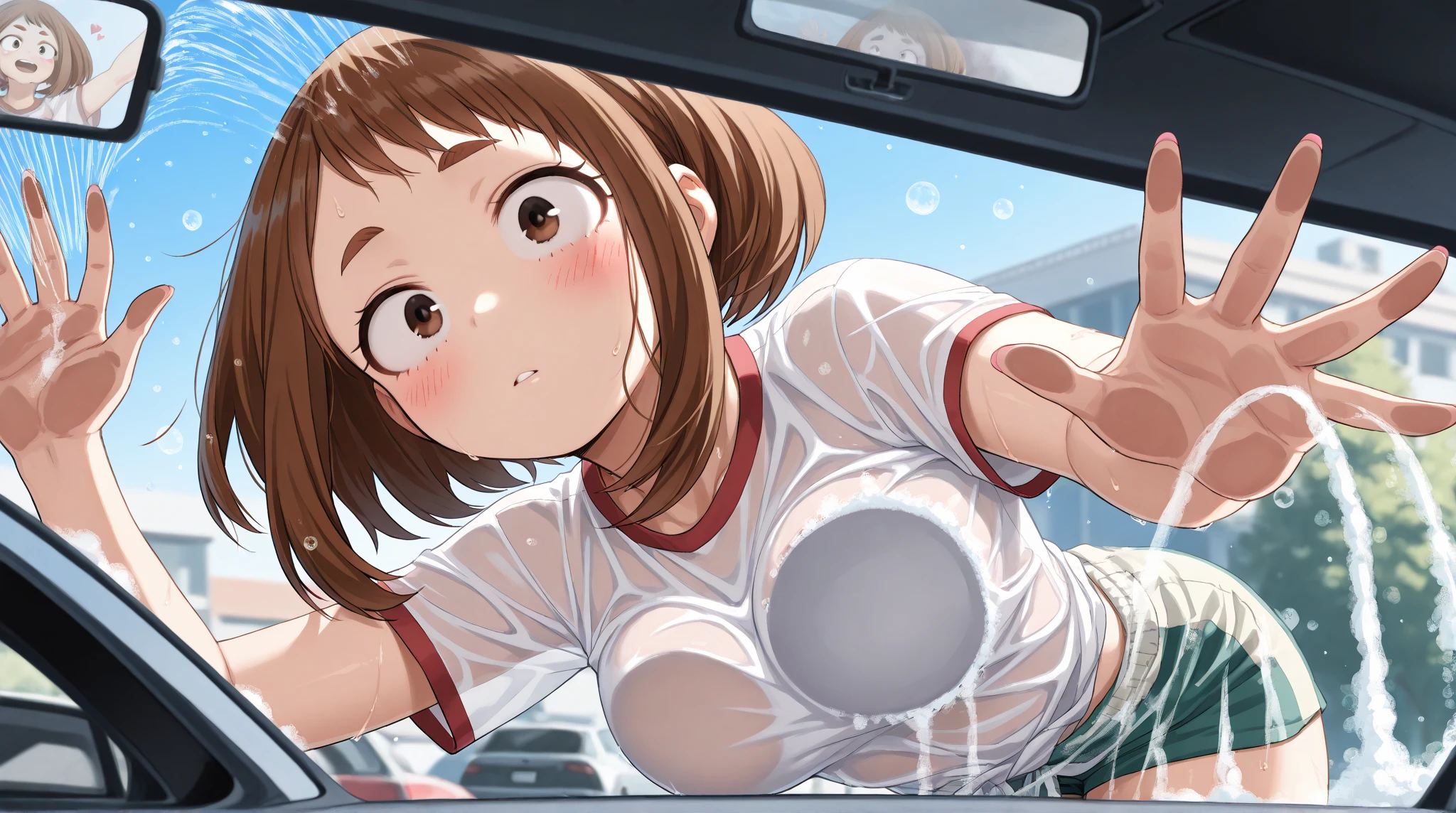 sajouayaka, black hair, short hair, Blue eyes , large breasts, , , empty eyes , large breasts, nipple, , Peeing, lactation, projectile lactation, CAR shop, frozen, wet, crying ,, Naked, , (1girl) ,solo