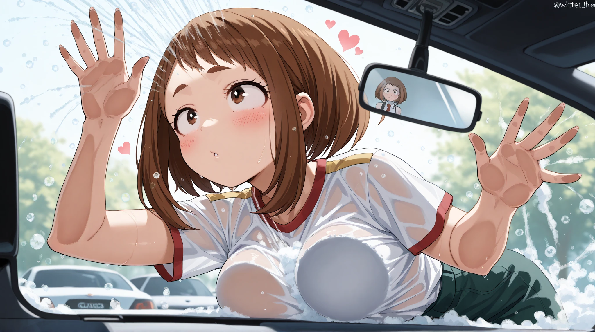 sajouayaka, black hair, short hair, Blue eyes , large breasts, , , empty eyes , large breasts, nipple, , Peeing, lactation, projectile lactation, CAR shop, frozen, wet, crying ,, Naked, , (1girl) ,solo