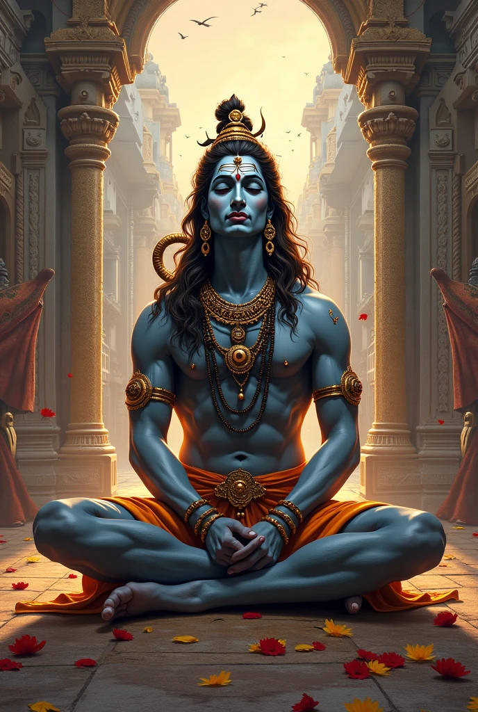 "Create an 8K ultra-realistic and intricately detailed image of Lord Shiva as part of the Holy Trinity in Hinduism known as the Trimurti. Depict Shiva with his iconic third eye on his forehead, holding a trident (Trishula) and seated on a tiger skin. Surround Shiva with Brahma (the creator) and Vishnu (the preserver). Brahma should have four heads and hold the Vedas, while Vishnu should have blue skin and hold a conch and discus. Place the three deities in a celestial, divine setting with realistic lighting that highlights their features and divine aura. Ensure the scene captures the majesty and spirituality of these divine figures with vibrant colors, high contrast, and meticulous attention to detail. Incorporate elements that symbolize their roles in creation, preservation, and destruction.", big gleaming trident ,
