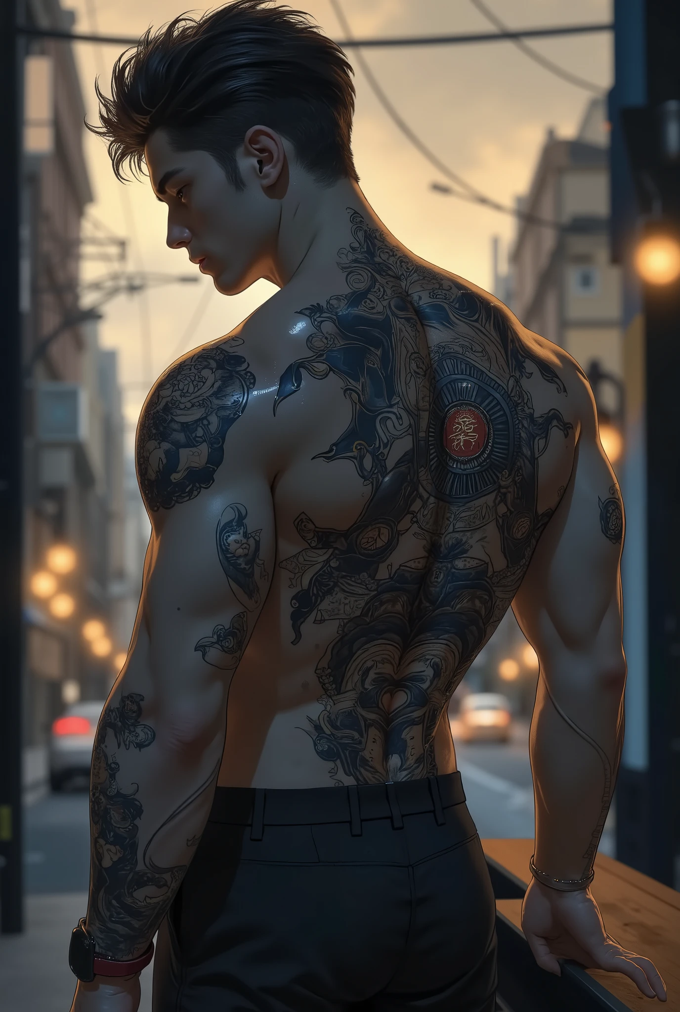 Sexy brunette man with samurai tattoo on his back