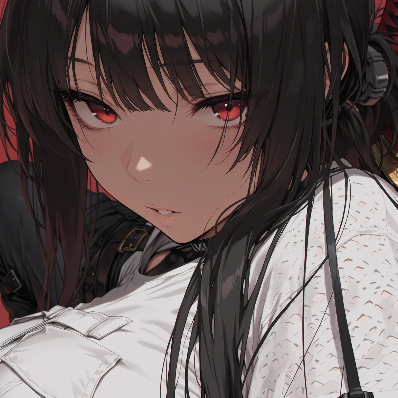 One Girl、Earrings、Tribal tattoo、GOTH design clothes、Line art、Hold a cigarette、Background red、Octane Rendering Style、Bunny earasterpiece, best quality, extremely detailed CG unity 8k wallpaper, 