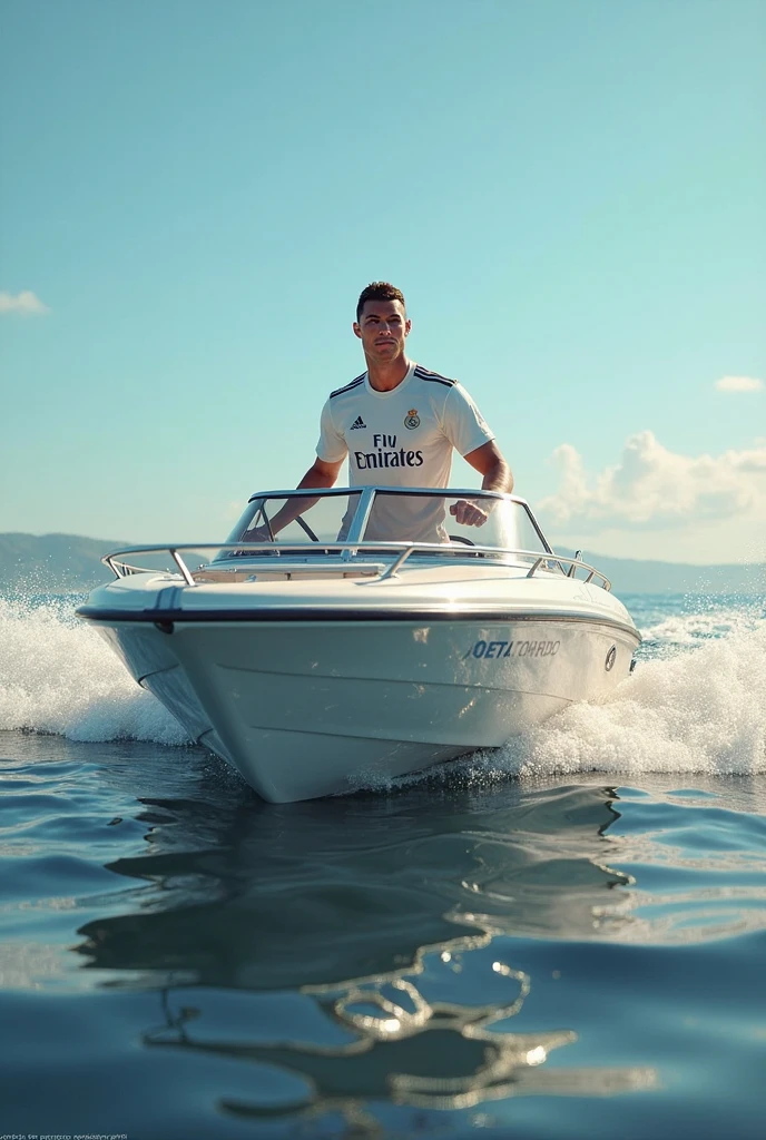"Create a highly realistic image of Cristiano Ronaldo sitting on a luxury yacht in the middle of a calm, clear sea. The image should capture Ronaldo relaxing on the deck, with the water reflecting the sky and gentle waves around the yacht. The sea should be crystal clear, showing some depth, but with no other distractions in the background. Make sure Ronaldo's facial features and physique are accurately represented, focusing on realism."