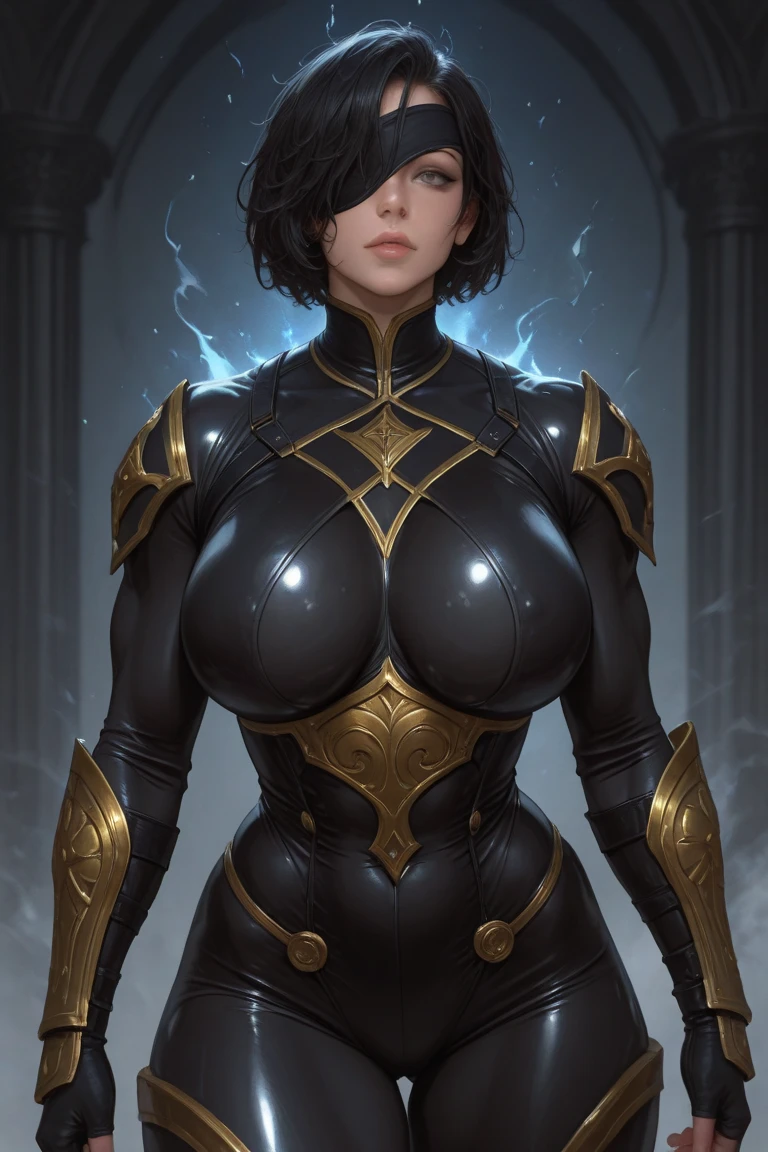 (High resolution, Pixels are perfect, luxurious illustration), (hyper quality, masutepiece, Ethereal: 1.4),(Solo:1.4), Black hair, ((Very short hair)), (Yellow eyes), ((angry)), pale skin, (((((((muscular))))))), ((thick thighs)), ((Huge breasts)), (((Woman))), ((((A MILF)))), Samurai, (Japanese armor)), (Black Leotard), (((wide hips))), ((greybackground)), (Shiny skin), ((Overexposure)),