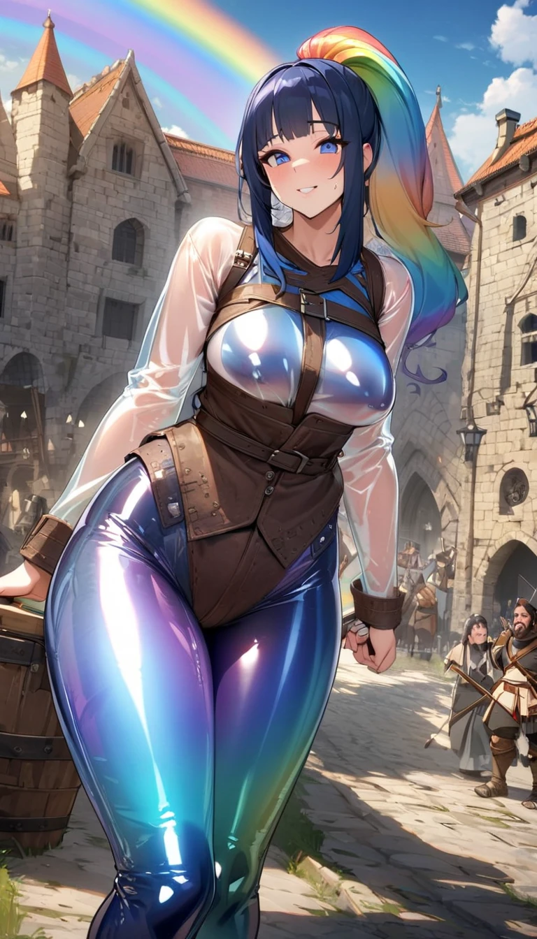 In a vast, open meadow under a bright blue sky, a colossal woman lounges on a hillside, her body stretching out like a living landscape. Humans picnicking nearby pause their activities, their eyes drawn to her massive form that dwarfs the rolling hills around them.