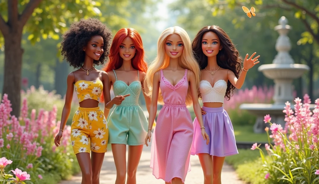 Four black girls , one in a pink dress, the other in a peach coloured dress, the other in a yellow dress and the other in a pirple dress