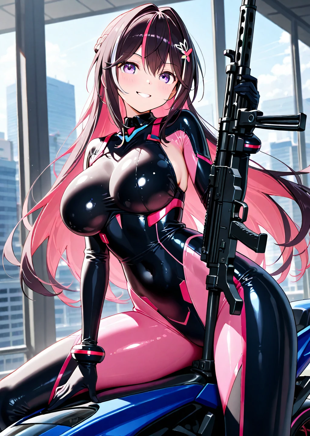 Joven, 34-year-old woman, moderate length brown hair with long messy bangs, ojos rojos y un busto gigantesco, long bunny-themed ribbon in hair anime girl in wetsuit with a sword and a sword, chica anime seductora, anime rudo 8k, oppai ciberpunk, mejor fondo de pantalla de anime 4k konachan, grueso, oppai, [ 4k digital art ]!!, pechos cubiertos y sfw, hermosa y seductora mujer anime, Iliá Kuvshinov. 4k, 4k manga wallpaper