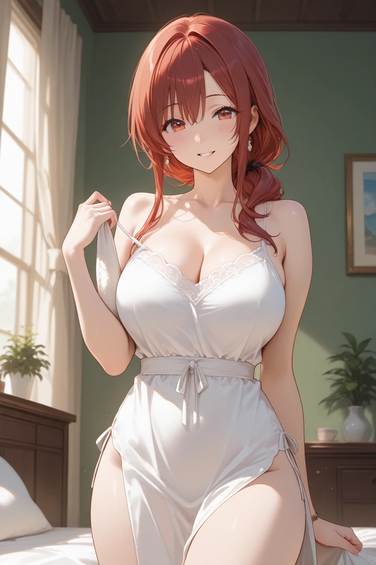 1 woman, (((((UHD))))), (((((masterpiece))))), ((((super detail)))), high details, ((((high quality)))), ((((best quality)))), (((highres))), ((((16k)))), ((Shadows)), ((bright red hair)), hair over shoulder, side swept bangs, (Pink Sleeveless Lace Up Bodycon Mini Dress), heart-shaped pupils, one eye closed, sparkling eyes, ((big beautiful light blue eyes)), crystal earrings, grin, bright pupils, (evil smile), natural lips, light blush, cheek-to-cheek, sparkle, god rays, backlighting, reflection light, bloom, dutch angle, perspective, from above, from behind, beautiful ass, ((fat ass)), ((defined jawline))