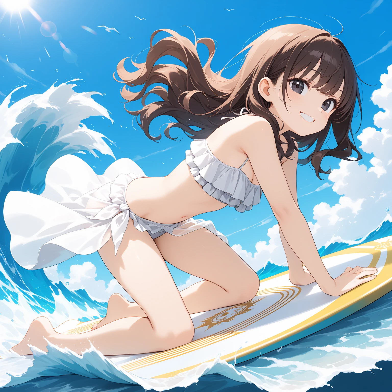 A nice white shirt that lets you see. 、Light blue flared skirt with ruffles、She lifts her skirt with both hands to show off her pretty white underwear.、Cute white underwear visible when you lift your skirt.、sandy beach, beautiful sea, night and starry sky small breasts