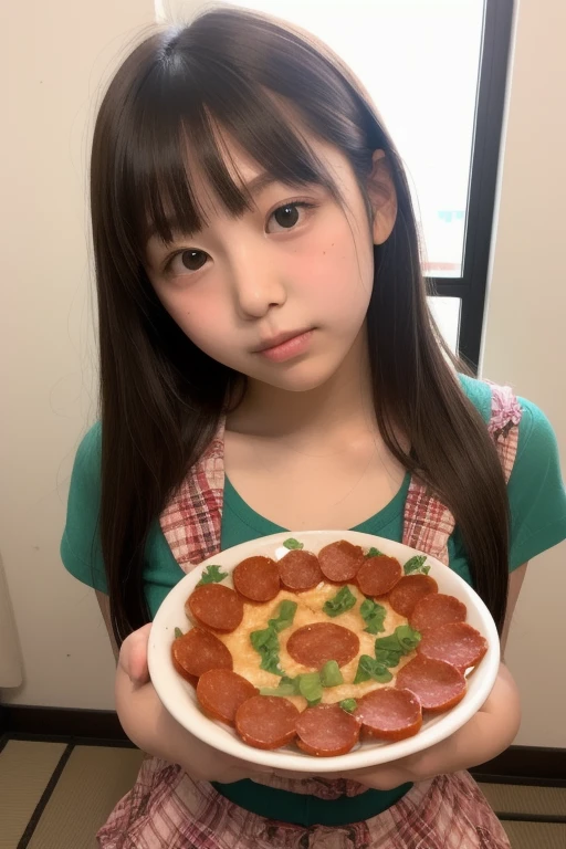 hyper realistic, 1girl, teen, beautiful face, perfect, white skin, looking at viewer, on the restaurant, on a date, eating pizza, upper body, smile, green hair, asui_tsuyu, black eyes, hair rings, low-tied long hair, green shirt, tongue,