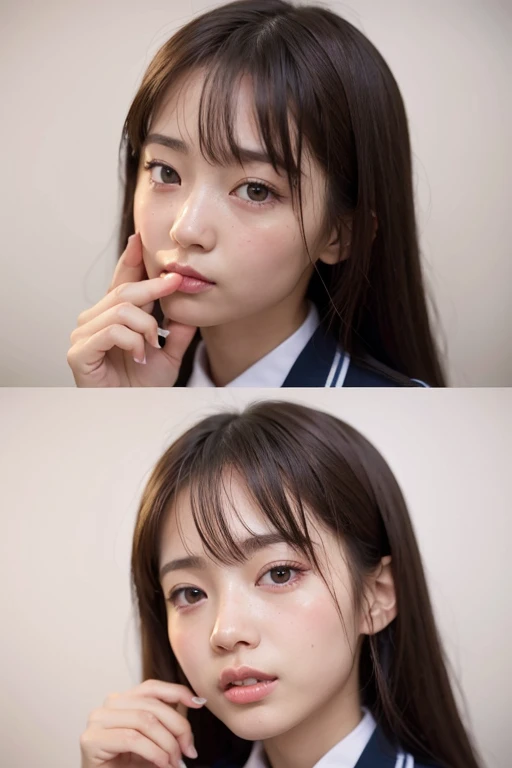 bangs, Medium Hair, 斜めbangs, Black Hair、Simple Background, Rounded outline、Round Nose、Droopy eyes、Small eyes、Small Mouth