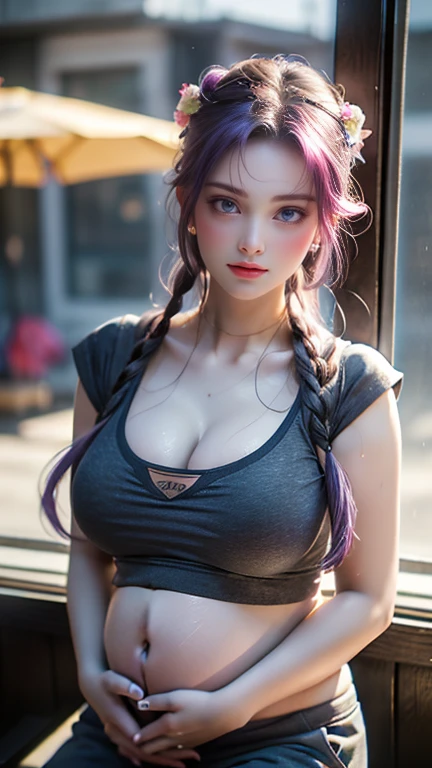((gigantic breasts)), ((18 years old,)), ((Very small head)), cute girl, Daylight, Sunlight, Bright light, (Perfect body : 1.1), (fullllbody), (short wavy hair:1.2, dark colored hair, Pink and blue mesh, Thin mesh), Full body shot, ((Tight workout wear), (Sweat), (Very detailed CG 8k wallpaper), (extremely delicate and beautiful), (masutepiece), (Best Quality:1.0), (超A high resolution:1.0), (realisitic), beautiful lightning ,Perfect Lightning, Realistic Shadows, [hight resolution], Detailed skin, Ultra-detailed, Slim body), (Beautiful hair, Wavy Hair, Real Hair, detailed hairs, High ponytail), Fine Collarbone, Beautiful breasts, blush, Photorealistic, Realistic face, Beautiful face, Cute face, Realistic eyes, Small eyes, happy smile, light-pink colored lips, thin upper lip, (((Colorful))), (eye liner), (mascara), (eye shadow), (at wide gym), bighip,