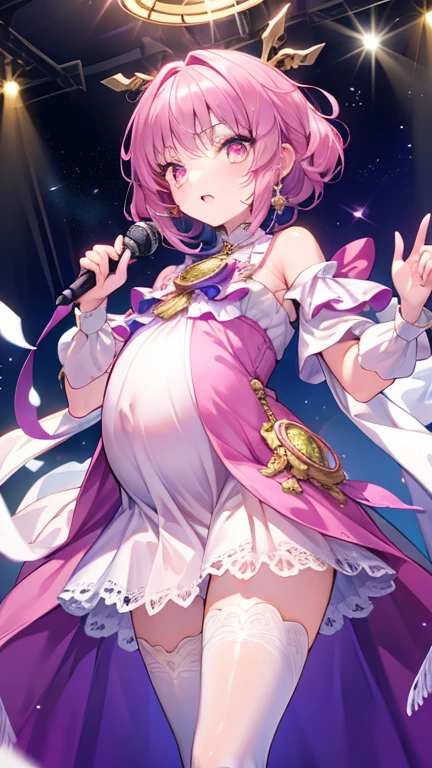 pregnant cute and beautiful idol girl with purple pony tail hair, light blue eyes, white and purple shirt, white and purple skirt, purple gloves and purple boots with a microphone on her hand, happy