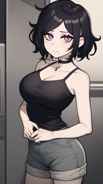 ((Masterpiece)), ((Best Quality)), Ultra High Resolution, HDR, absurderes, 8K, (1 girl), intricate details, ultra-detailed, dramatic lighting, blushing, smile, green eyes, short black hair, bob hair, choker, crop top, (black tank top), (black pleated mini skirt), gorgeous girl, large breasts, cleavage, gorgeous body, vivid colors, full body view, sharp focus, detailed illustration, detailed background, outdoors, depth of field, shy, feminine, professional artwork, standing up