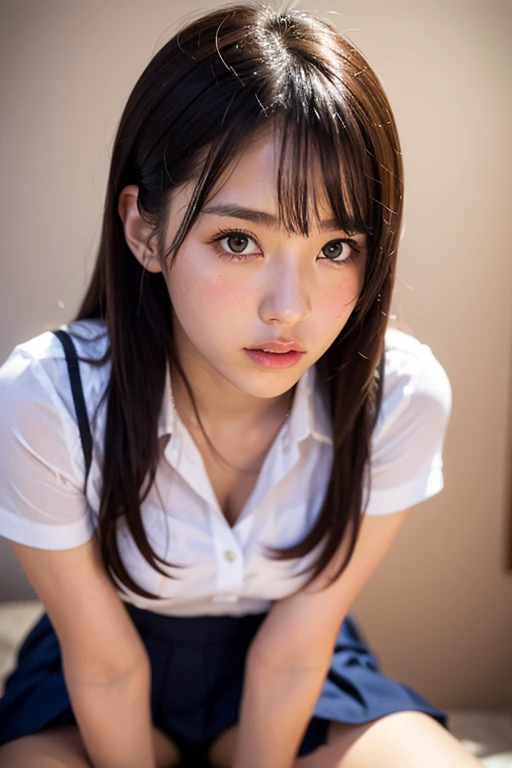 (((32k,High detail,High definition、masterpiece,Attention to detail,Esbian all over,solo))),RAW Photos & Realistic atmosphere,美しい濃いblue eyes,Mouth details,Glossy lips,Fine eyebrows,With soft white skin that shines in every detail、Detailed eyes、blue eyes,Very beautiful eyes,Detailed lips、Very beautiful face,Very well-formed face、A vivid face,Beautiful, shining lips, Realistic Young Gravure Idol, Very beautiful school girl, , Young Sensual Gravure Idol, Young Gravure Idol, Beautiful and cute adult16 years old ,The whole body is wet,Dripping,Blushing,Very beautiful, Sexy and classy16 years oldの女の子,Medium-long brown shiny hair,Wet hair,Dripping水,Dripping,(Looking into the camera:1.4),(darkness,Very dark,Use a flashlight to illuminate an object in a dark classroom:1.7),(Sexy,Healthy and toned body,High Detail High Vision High Vision Japan HDTV Black HDTV High Vision Black High Vision Black High Vision High Vision Black High Vision High Vision Uniform,well-shaped chest of medium size,,,Mature Body, I'm so anxious I feel like crying,Watery eyes,Cold Smile,Glare,Glare顔も美しい,High Resolution Arm,,High Resolution Finger,:1.5),(The chest of the uniform is open,Wearing a classy uniform in black and red、黒のパンストとSexy脚を身につけて、She is standing upright, shyly lifting her skirt.:1.7)