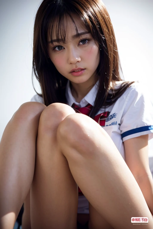 long eyeslashes、Beautiful double eyelids、Sanpaku eyes、Duck mouth、(8K、Raw photography、top-quality、​masterpiece:1.2)、(reallistic、Photorealsitic:1.37)、The ultra -The high-definition、1 girl in、cute little、Colossal tits、beautidful eyes、cleavage on the chest、perfect bodies、Perfect fingers、profetional lighting、goddess of Japan、gravure、Detailed face and skin texture、A detailed eye、Raw photo、90 degree knees、heels on the ground、hands in front of feet、hug your feet、Knelt、Walkway、Raw photography、超A high resolution、Beautiful face in every detail、Realistic human skin、Gentle expression、front-facing view、angle from bellow、length hair、cute little、a short skirt、Squatting deep in the city、cute school girl、Japan schoolgirl uniform、Surreal High School Girl、(((White panties are visible)))