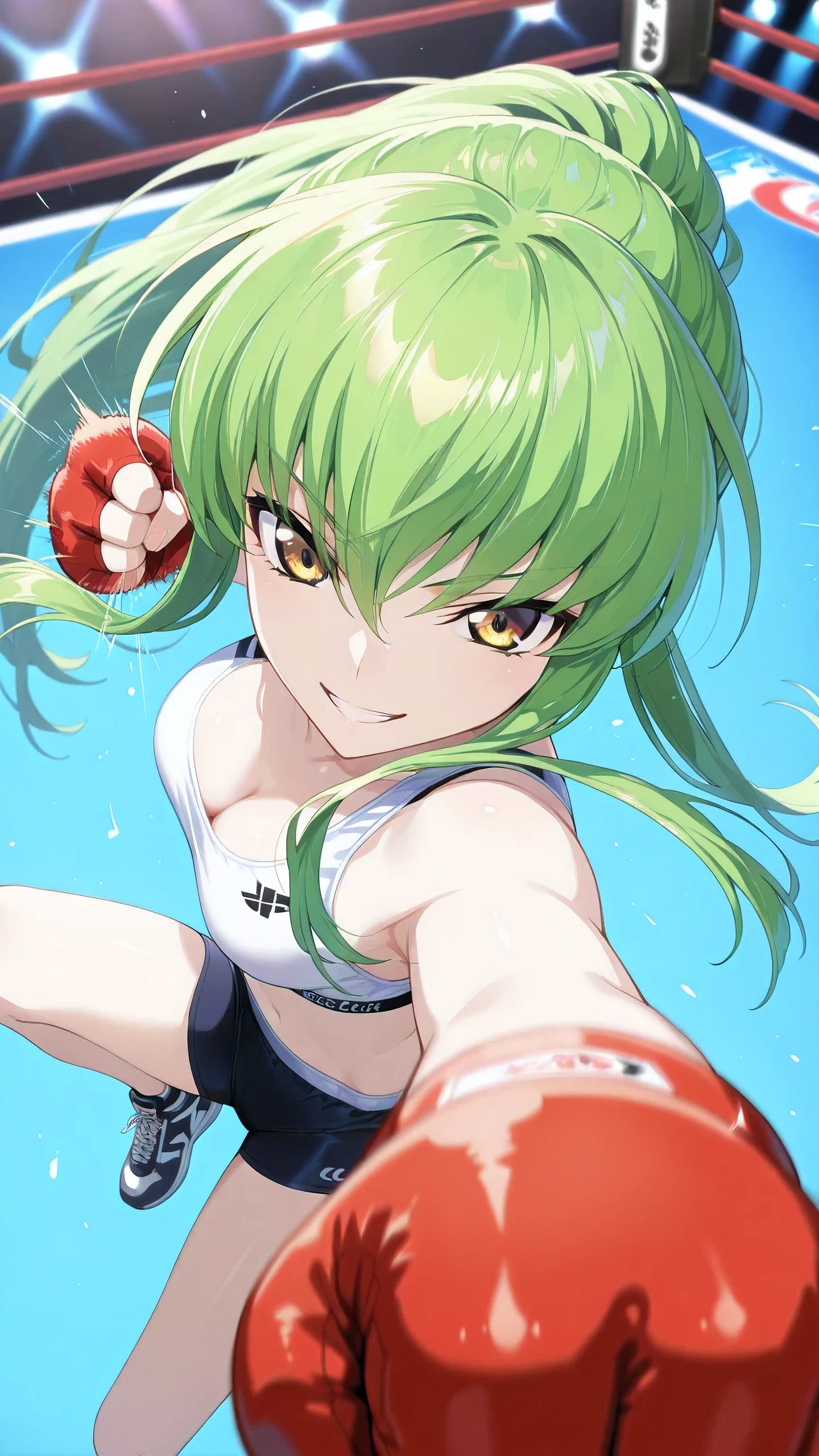 c.c., (gold eyes:1.5), long hair,, solo, Detailed eyes, white sports bra, red boy leg underwear, fingerless gloves, thigh, cleavage, slim long legs, medium breast, serious grin, looking at viewer, Detailed eyes, Detailed face, portrait, face focus, from side, from above,
looking at viewer, punching, clenched hand, motion lines, motion blur,
indoor boxing ring, spectator seats, spot lights, (depth of field).