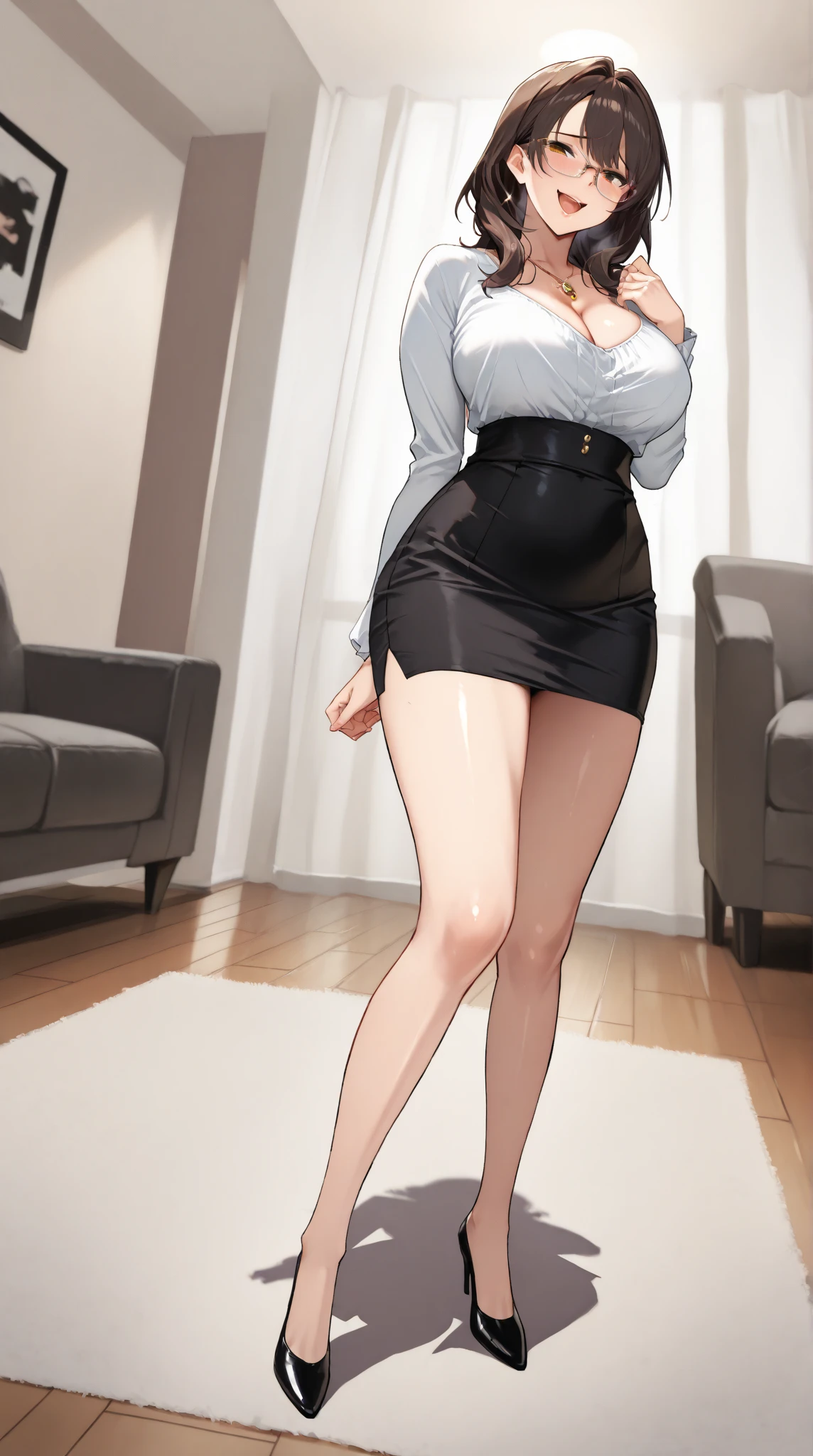 a teenage girl sexy attractive beautiful cool popular short orange hair disheveled cut light red lip wears long light blue button shirt sensual curves and a short purple miniskirt pair short blue socks legs white heel she walking living room class
