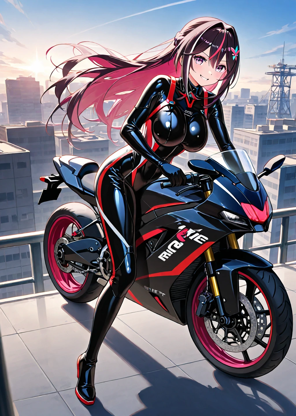 Cybernetic arm and glowing cyber girl,(Sheer and revealing costumes:1.3, ),(Cyber girl riding in the sky on colorful custom-painted motorcycle:1.3), Glossy light brown and orange striped shorthair,Cute smile,Perfect round face,A cheerful smile that makes the viewer happy,Proper body proportion,masutepiece,Super high-quality output images,hight resolution,Intricate details,Very delicate and beautiful hair,photos realistic,Dreamy,Professional Lighting,realistic shadow,Solo Focus,Beautiful hands,Beautiful fingers,Detailed finger features,detailed clothes features,Detailed hair features,detailed facial features,