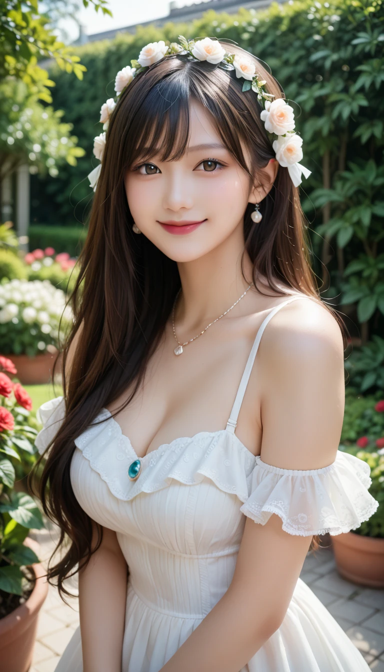 best quality、tmasterpiece、ultra high resolution、actual、1 girl、Glossy skin、((Surreal detailed))、Global photo、8K、Highly complex details、shinning eyes、Black straight hair、highkey、pureerosfaceace_v1、A smile、Elegant pose、plump breasts、Dark ultra-thin transparent lace、Lots of flowers in the background