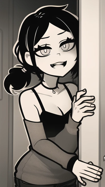 A woman in a black tank top, black hair, right eye hidden by bangs, blue eyes, slanted eyes, red lips