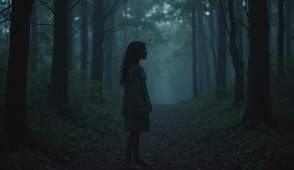 A cute girl standing in a dim forest. Make the background darker.、Horror-like