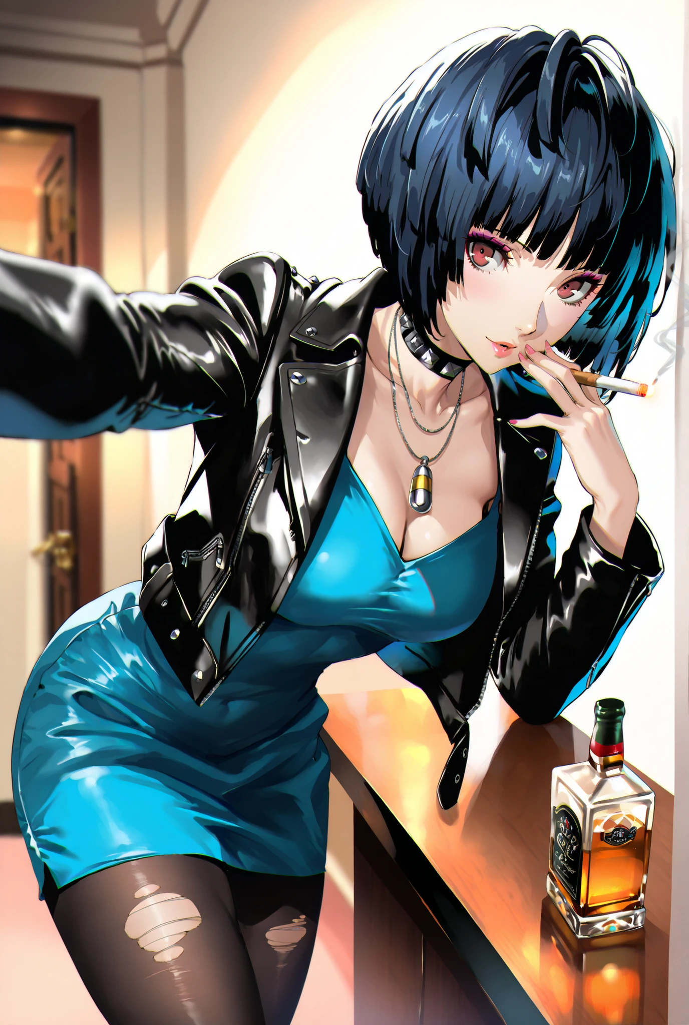 ((masterpiece, Highest Quality, high resolution, CG integrated 8K wallpaper with great attention to detail,ultra detail)),1Girl,takemicasualp5, short hair, bob cut, black hair, blue hair, choker, necklace, leather jacket, blue dress, spiderweb, ripped pantyhose, makeup, eyelinerPlease hand over the drink while slightly leaning forward,Smoking a cigarette,kabedon,Persona 5 character Takemi Tae。Alcohol is on the table。She poses in a and confident manner、The background is a hotel at night。The lighting is moody and、emphasizes her appeal and vibe with her facial expressions and gestures。