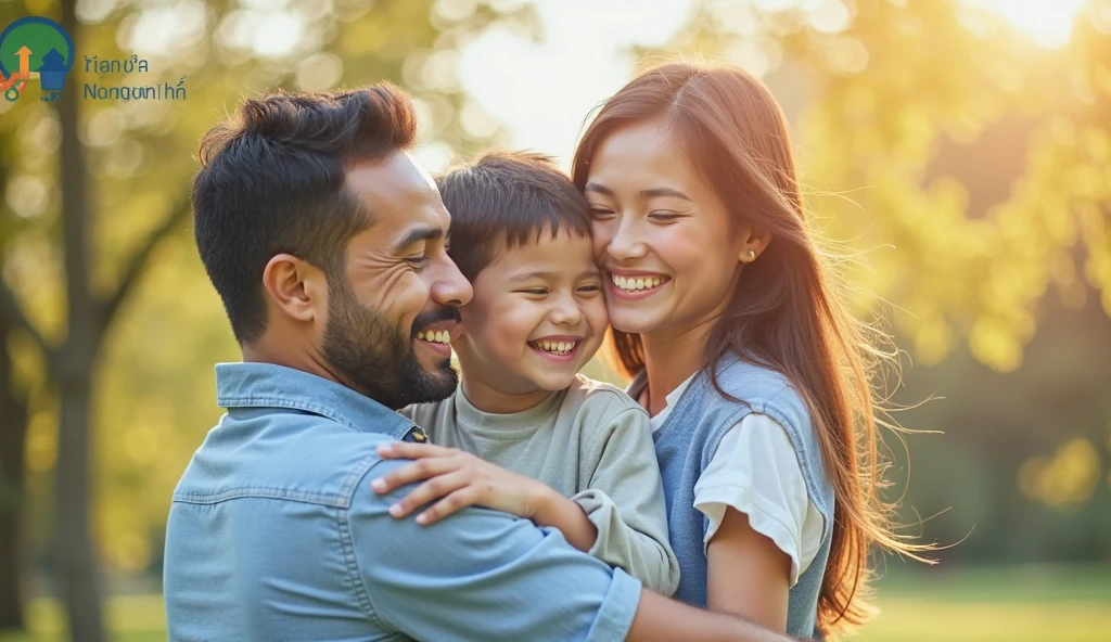 First person view, cinematic, photo of A heartwarming scene featuring a joyful family of four bathed in soft, warm sunlight. The father, with short, slightly messy black hair and a light beard, wears a dark jacket over a white shirt. He is on the left side, laughing with his eyes closed, leaning towards his family. The mother, standing next to him, has long black hair flowing over her shoulder. She wears a light yellow jacket with a white fur collar over a red skirt. She is also laughing with her eyes closed, radiating happiness. In the center, a young boy with short black hair, wearing a dark green hoodie, smiles widely, holding hands with the person in the foreground. The person in the foreground, whose back is towards the viewer, is a three year old boy who has short black hair and is reaching out to his family in front of him. The warm, soft light from the sun casts a gentle glow over the entire scene, enhancing the feelings of love and togetherness shared by the family.