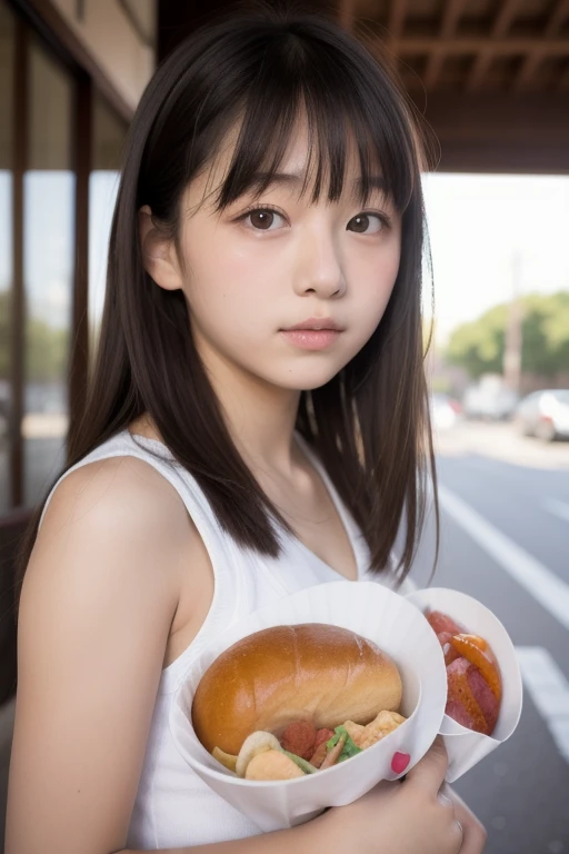 girl Japanese Light blue yukata Realistic Skin Bigeyes Eating french fries