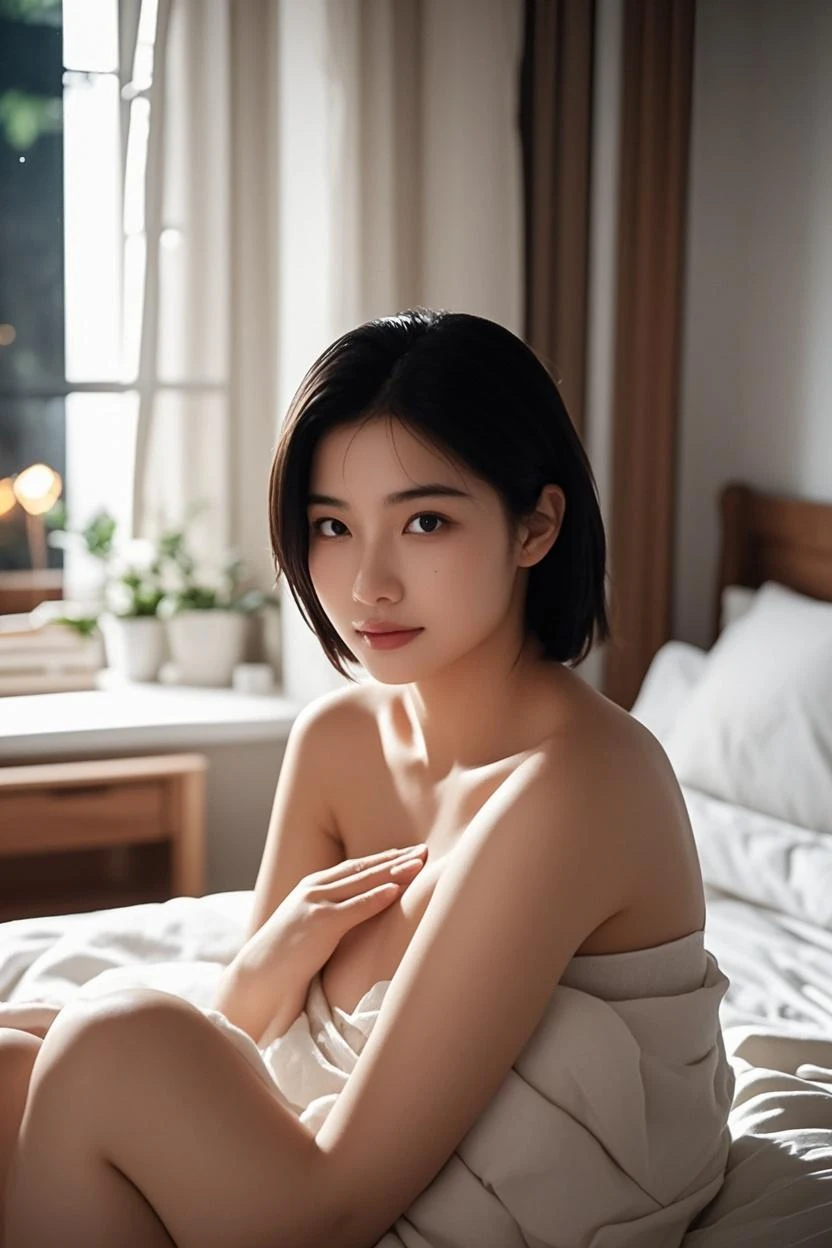 8K, Ultra-high resolution, Highest quality, masterpiece, 三分割法によるphotograph,Surreal, photograph, 1 Girl, (16 years old:1.3), pretty girl, Cute face, Beautiful eyes in every detail, 細かくdetailedに,masterpiece,, One Girl:1.2, Japan Female Announcer,whole body,Young Wife,Hotel room,Lying in bed,profile, Nice views ,Side view, Black lace see-through underwear,A carefree smile,Heal the heart,Black Hair,Short Bob,Looking at the audience、beauty,Long neck、Laugh a little、Please close your mouth and laugh、(((Ideal body type))),A cup small breasts :2,、Portraiture:2、Perfect Anatomy、鮮明なdetailed、detailed、Surreal、Light and shadow,Strong light