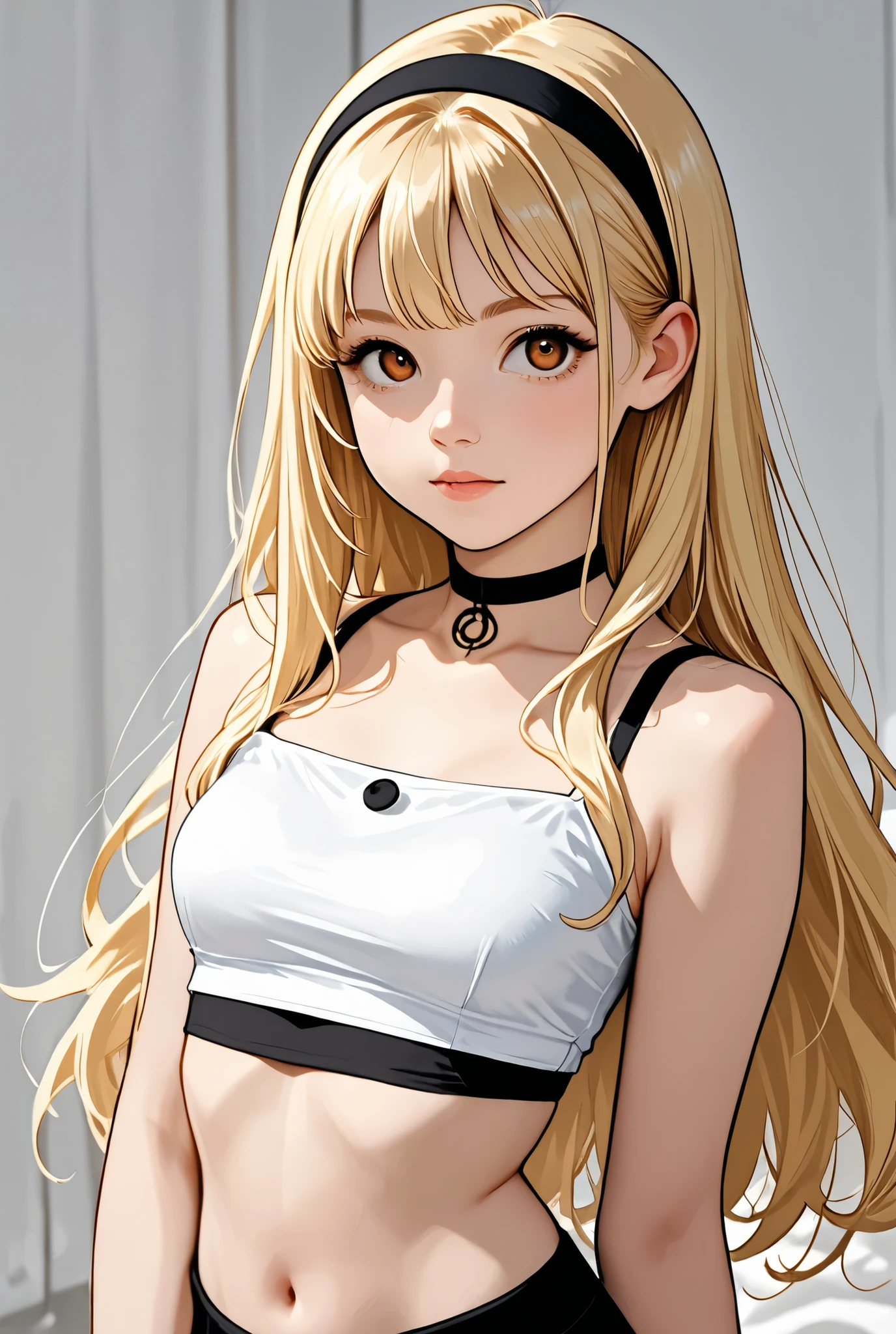 young blonde girl in white cropped top and black headband; bauchnabel