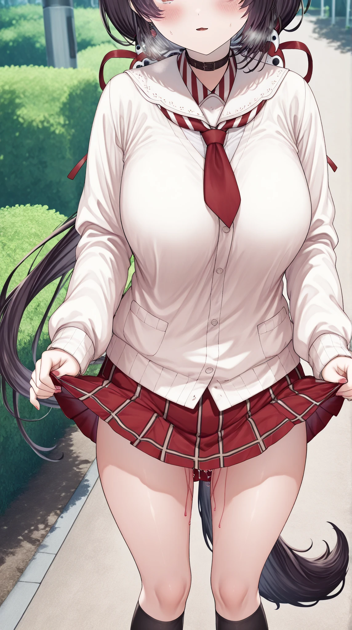 ((nsfw, masterpiece, best quality)), (photo realistic), best shadow, high detail, very detailed, (nice hands, perfect hands), (POV, face focus:1.4), ((1girl and 1 boy)), beautiful girl, 20 years old, deep blue eyes, (black straight long hair:1.5), (big breasts:1.1), glossy skin, ((view from below:1.5)), (very slender:1.3), (beautiful adolt face:1.3), famous idol, thin lips, detailed facial features, Crisp focus, perfect beautiful body and face, pink small nipple, beautiful face, perfectly in focus, long bangs, underhair, (in the bedroom:1.3), all body, (smile:1.2), (sweat:1.5), ((woman on top:1.5)), ((penis)), ((vaginal)), ((sex:1.5)), (school suit:1.5), hair between eyes, (cum overflow from crotch:1.5), ((bottomless)), (open mouth:1.3), (show off nipple:1.2), spread crotch, on the bed, (drool:1.2), (cum in pussy:1.3), (bukkake:1.3), hairclip, (white lace legwear:1.3), (cum on face:1.4), (cum on cloth:1.4), (arm behind head:1.4), bolo tie, spiked bracelet, hairband