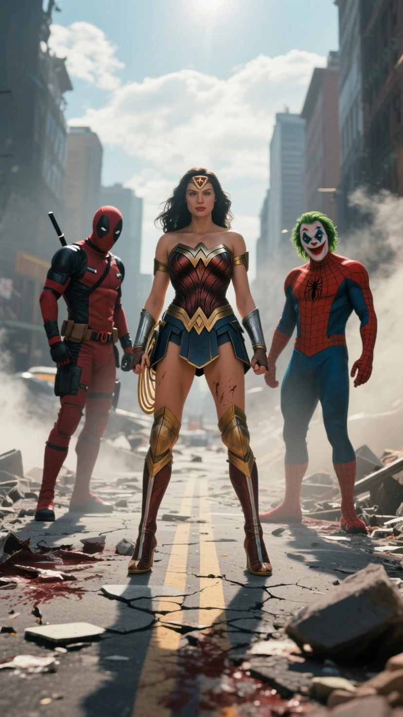 (photorealism:1.2), deadpool with scarlet witch fight wonder woman in apple store