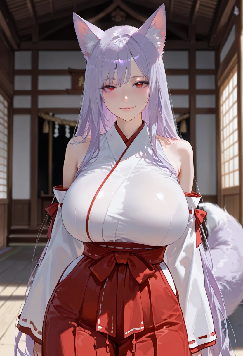 (masterpiece:1.5),ultra high res,best quality,1girl, solo, large breasts, standing,(Japanese wedding dress),(white),(shiro-maku),(kimono),(bridal),(traditional),(elegant),(feminine),(graceful),(pure),(serene),(romantic),(flowers),(beauty),(wedding),(ceremony), breast curtains, veil, frills,white thighhighs, lace,white hair,((purple eyes)),fox ears,fox tail,light smile full body,Japanese garden,((wariza)),((bare navel)),evening,