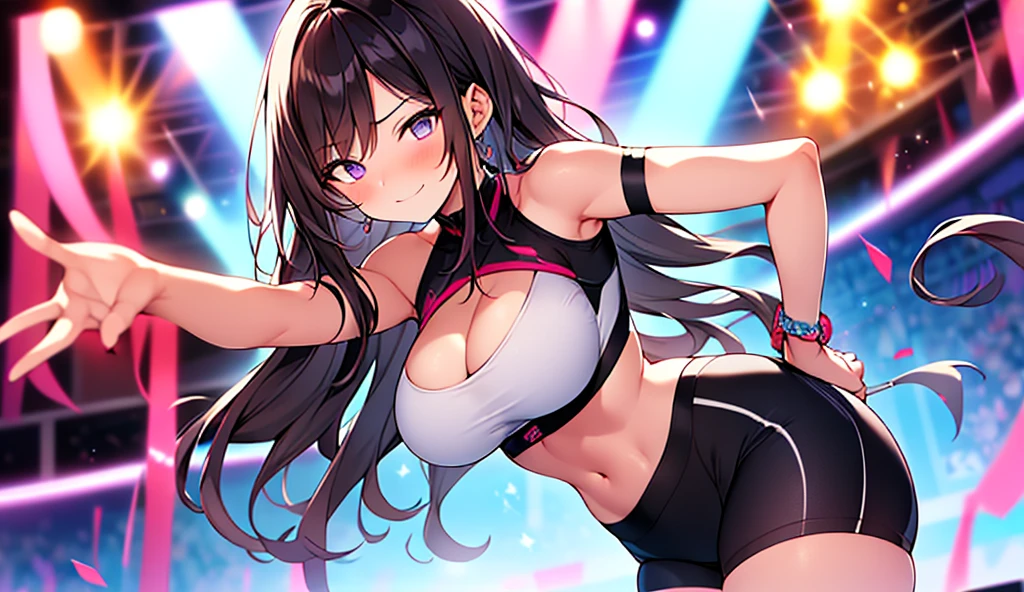 Photo , selfie, Beautiful illustration、masutepiece, top-quality, From above, Night, ((backstreet)), A Cute little girl, 4th grade elementary school student、make up, Standing, Talking, Open mouth, Seductive smile, (Black hair), twintails, Purple eyes, (Purple Hotpants), (tank top) , sexy, lovely thighs、glowing thigh, Shiny skin, Sexy, NSFW,nude,