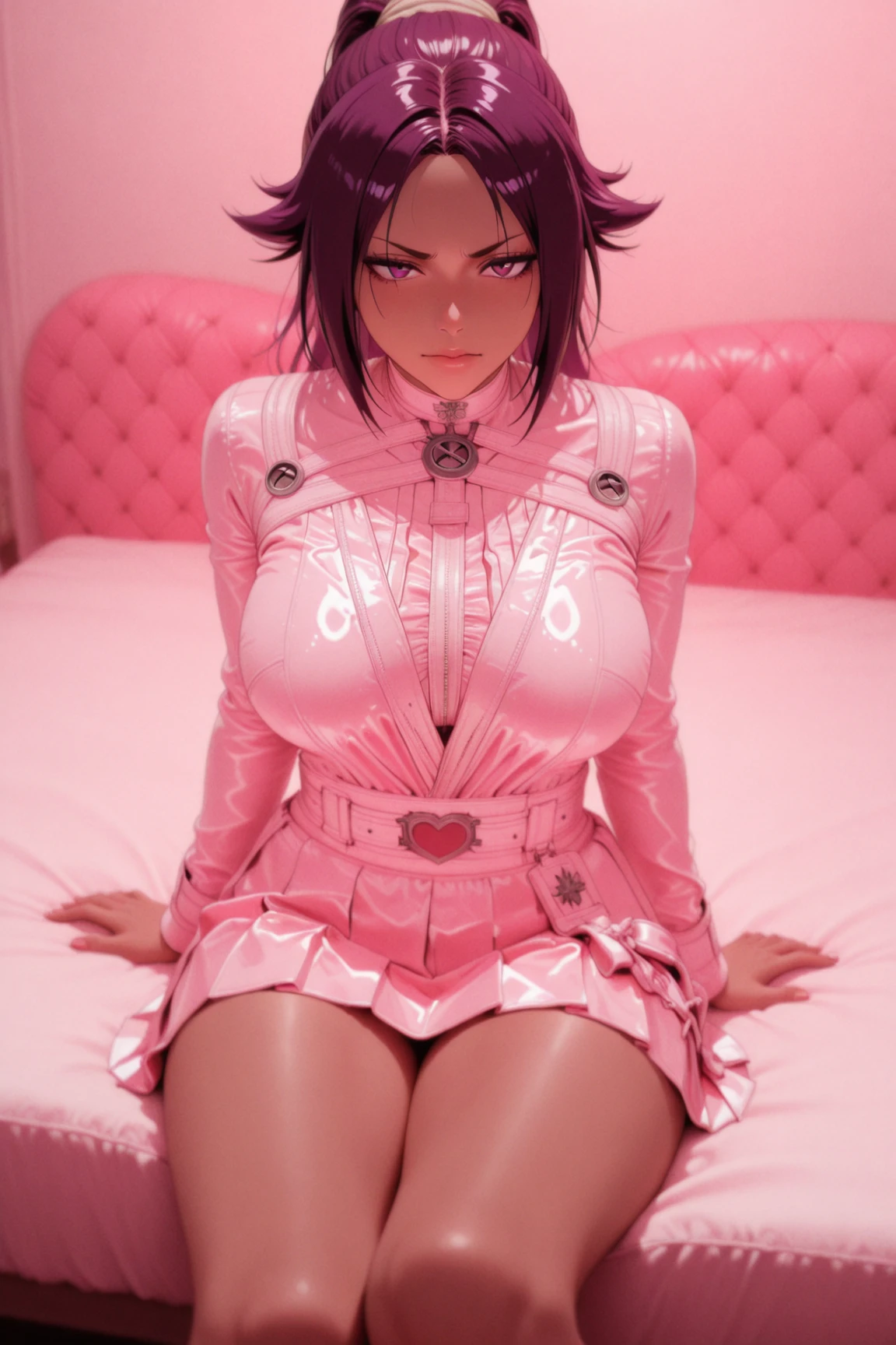 Erotic、Pink Hair、Big Breasts、Gothic Lolita、Tight waist、Pink and black latex dress Pink line、Evil female executive、tall、sexy、Sexy smile、lure、Alluring、Pitch black background、Dark bedroom at night、Lying in bed