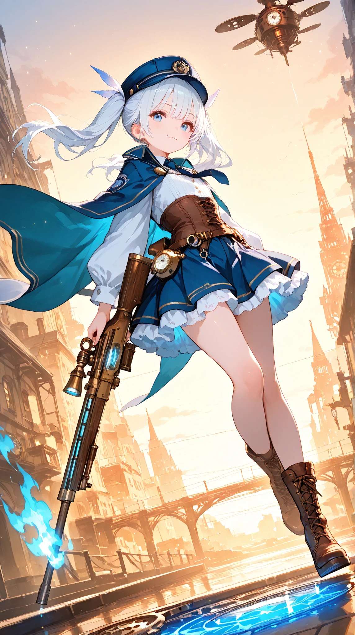 Octane Render、(Hyper-detailing: 1.15)、cinematic lightening、Taken from behind、Cute Fantasy Princess、Handgun shooting practice、Fine Pattern Pistol,long boots、ultradetailed eyes、Full Paint、(Floral hair ornament、butterfly hair ornament)、masutepiece、Anatomically correct、blur、depth of fields