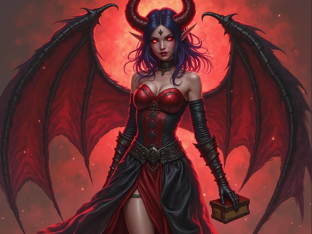 Paint a large-scale oil painting depicting a powerful, voluptuous demoness queen giantess in a dramatic Baroque style. The giantess should have an exaggerated hourglass figure with full, fleshy curves and a heavy, muscular physique. She should be posed in a dynamic, twisting contrapposto stance, with one leg bent and her weight shifted to the side.
The demoness queen should be adorned with dark, demonic features like horns, claws, and glowing red eyes. Her skin should have a pale, ghostly pallor. Dress her in minimal, tattered clothing that accentuates her curves, like a torn, flowing dress or loincloth.
Set the scene in a dark, moody landscape with a stormy sky. Have the giantess towering over the viewer, looking down with a haughty, imperious expression. Surround her with smaller, terrified human figures cowering at her feet.
Use bold, energetic brushstrokes and a rich, vibrant color palette of deep reds, purples, and blacks to create a dramatic, sensual atmosphere. Emphasize the giantess's voluptuous flesh tones and the interplay of light and shadow across her body.
Channel Rubens' signature Baroque style with dynamic movement, exaggerated poses, and a focus on the beauty and power of the female form. Aim to create a striking, memorable image that captures the demoness queen's awe-inspiring size and dominating presence.