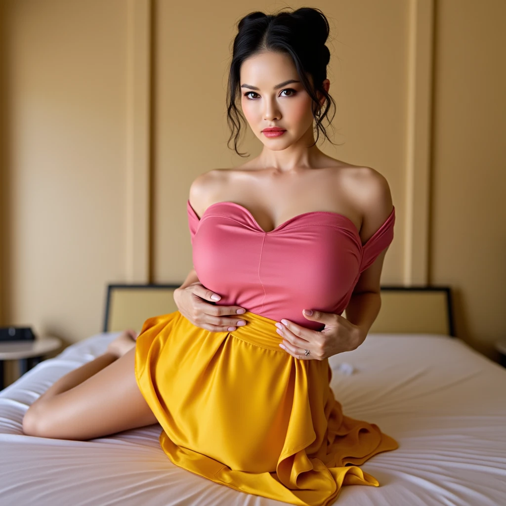 beautiful black woman 30 years old, long black hair, square defined face, big lips, background in home bedroom, with floral flowy light pink   long  dress, kneeling praying crying , realistic, very angry facial crying a lot of tears,  excretion. 