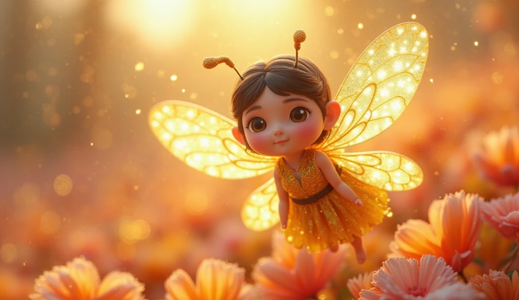 A chubby fairy with large wings of a butterfly flies from a flower to a flower