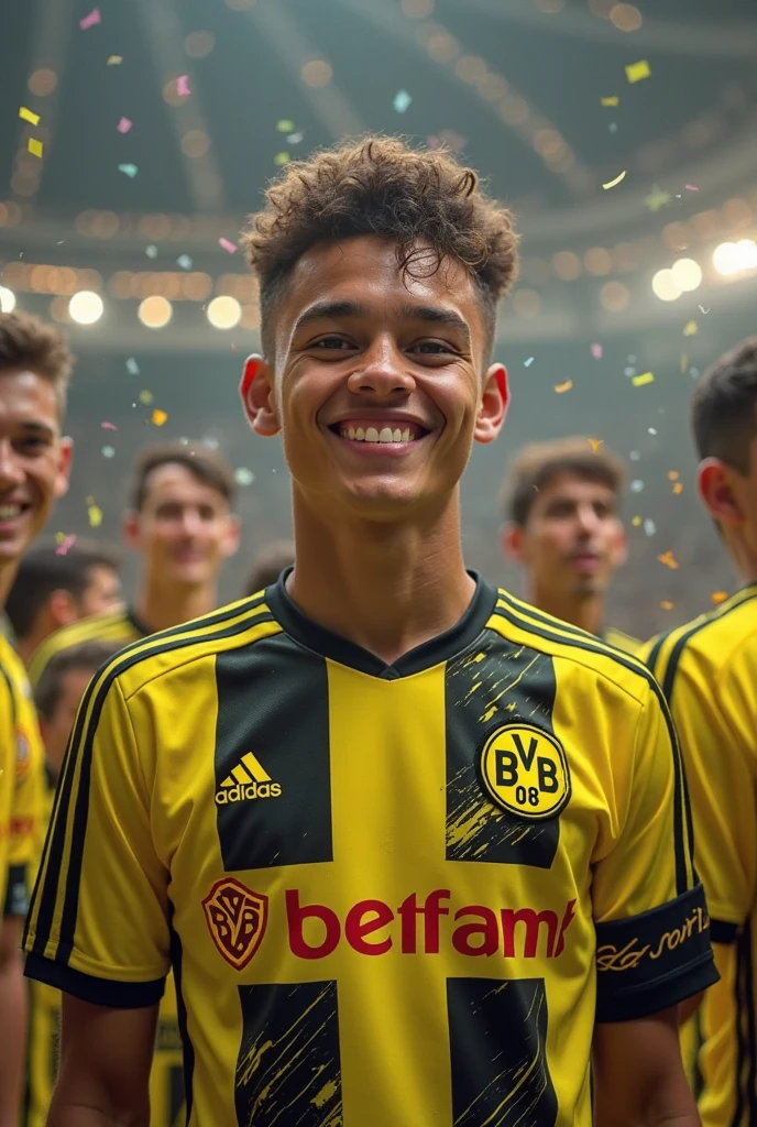Make a picture of a teenage Arsenal fan holding a Champions League ball inside Arsenal stadium, put melanin in it, and do the taper cut phase, and that he has short curly hair with bangs