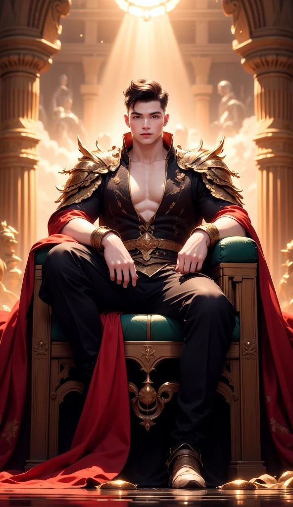 Relaxing on a fiery throne, the god of fire, a handsome man with black hair, exudes power with intense glowing red eyes and large pectorals. His pose is majestic, bathed in dramatic cinematic lighting, creating an atmosphere of divine authority. Large pectorals, open legs. Attractive male, sexy masculine, handsome male