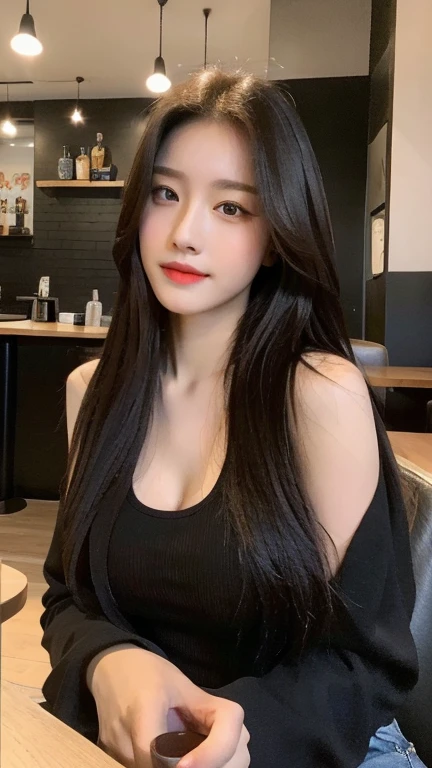 （lifelike， high-res：1.3）， 1 Girl with perfect body， Ultra-fine face and eyes，Long black hair, long-haired:1.9， Tank tops of random colors：1.2， Wear casual clothing， In a café， Coffee on the table， large boobs:1.8，Exposing disharmony，My air conditioner，dress， （photorealistic portrait： 1.4）， （Hyper realisitc： 1.4）， （lifelike： 1.3）， （Smooth Lighting： 1.05）， （Improve cinematic lighting quality： 0.9）， 10， 1 girl，