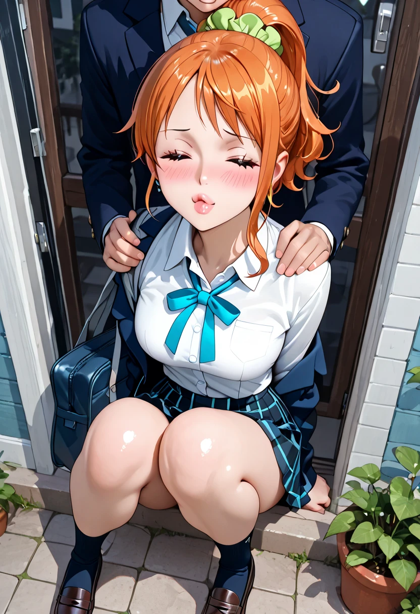 high quality, masterpiece, best quality, ((1gir)), blush, smile, detailed hands, detailed anatomy, SEXY POSE, BIG ASS, SHORT SKIRT, one girl, visible pantie, sit on a bed, fellation, Cum on face, suck a dick, full color, ((bedroom at night background)), monika ddlc