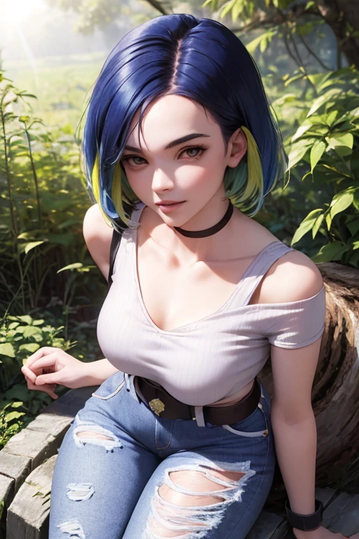 a beautiful woman with long silver white hair((ganyu genshin impact)), black choker and bell,big breasts, wearing a pink tank top and skinny jeans, front view, smiling, standing in an open grassy field with a clear sky, View from below, fullbody shot, long shot,