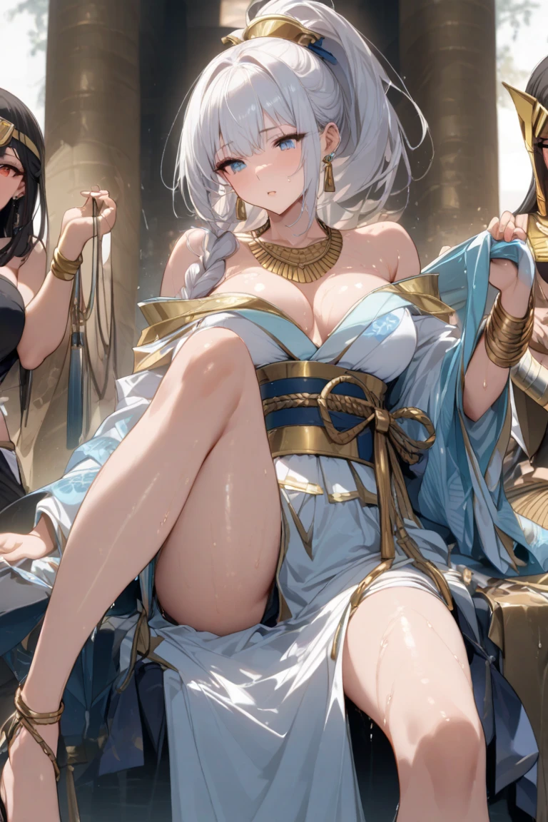 whitening　gray hair　long hair　blue eyes　smile　tiara　green egyptian costume　beauty　sexy　big breasts　mature　whole　Mysterious　charm　charm-like　i don&#39;t&#39;I do not think so.　pyramid　valley key　beautiful breasts　cover your mouth　fortune teller　holding tarot cards in hand　egyptian ankh　Inside the pyramid palace