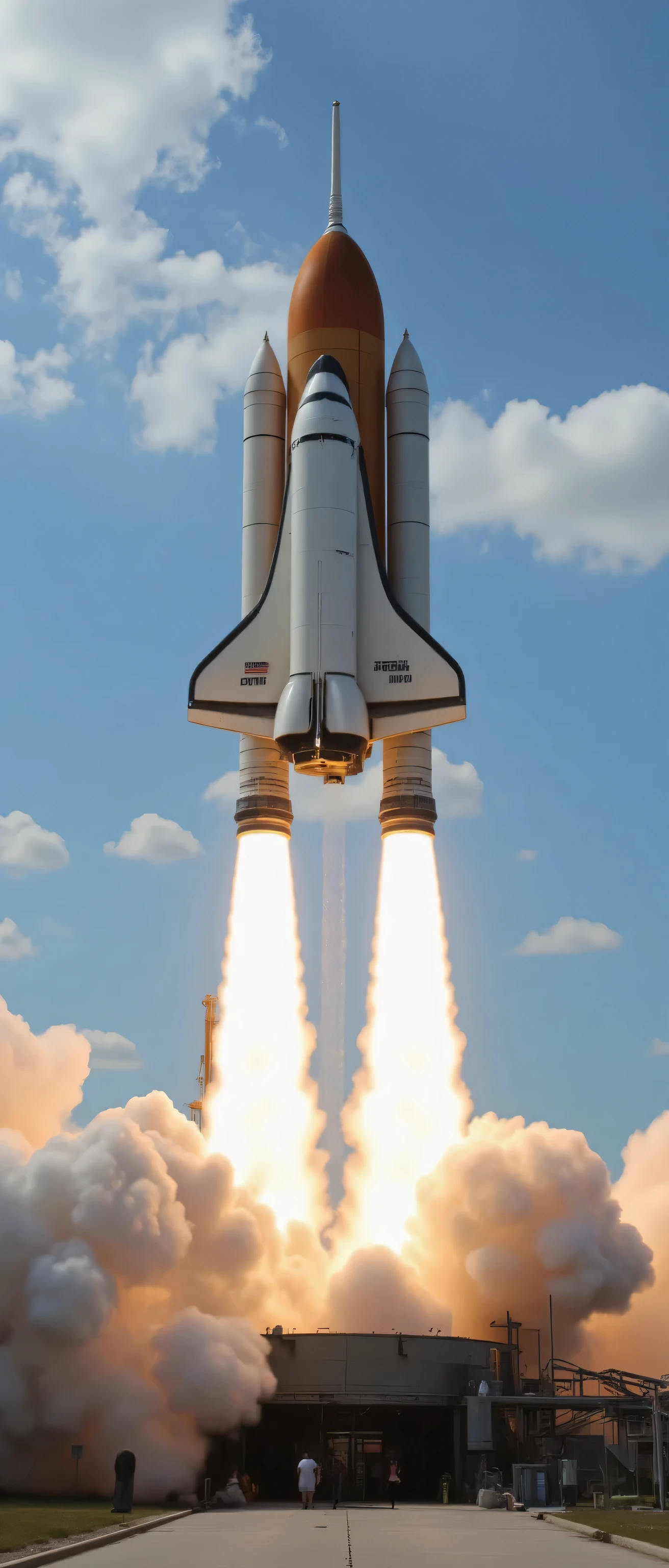 high resolution images、Cape Canaveral Air Force Station in Florida、NASA rocket launch site、the space shuttle can be launched onto the launch pad、smoke is coming out of the left and right rockets from the bottom of the fuselage、発射の瞬間を海から観ている、